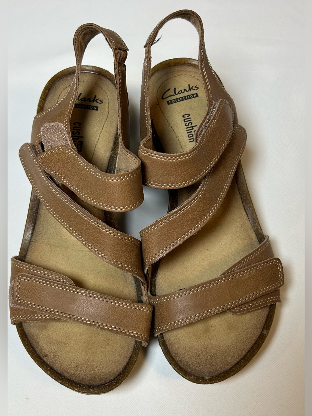 Clarks collection Tan  wedge sandals comfort strappy hook loop size 7